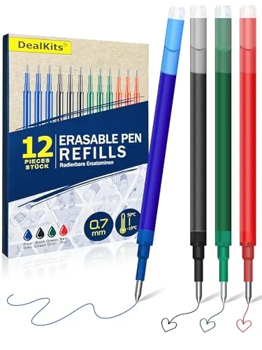 12x Radierbare Ersatzminen, DealKits 0.7mm Gelschreibermine Kompatibel mit Pilot FriXion Ball & Clicker & Eberhard Faber, Ersatzmine für Gelstift Radierbar, 400m Schreiblänge, BlauSchwarzRotGrün