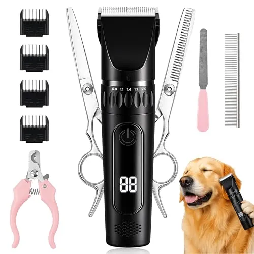 Retoo Hundeschermaschine Set mit 4 Aufsätze, Kamm, 2 Scheren, KrallenschneiderFeile, Profi Schermaschine Hund Katze, Elektrische Hundetrimmer, Tierhaarschneidemaschin, Elektrische Hundetrimmer