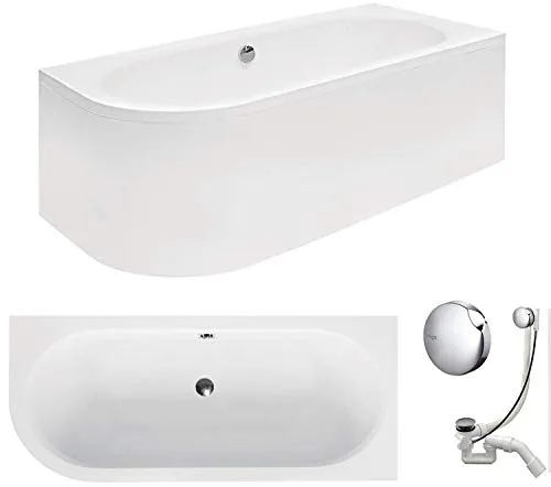 VBChome Badewanne 160x75 cm Acryl SET Schürze Siphon Wanne Ecke Eckbadewanne Weiß Design Modern Ablaufgarnitur in Chrom für 2 Personen rechts