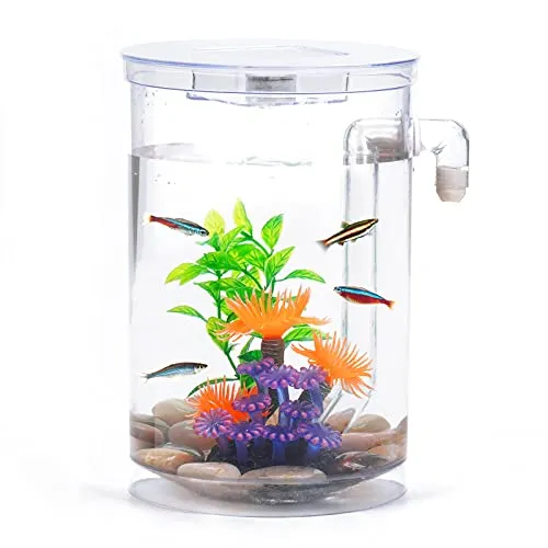 Kampffisch Aquarium Klein Komplettset, 3.5 L Aquarium Set Komplett mit LED-Beleuchtung, Kieselsteinen, künstlichen Korallen und Wasserpflanzen sowie automatischer Reinigungs- und Abwassersystem