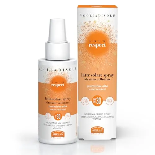 Helan, Vogliadisole Respect – Sonnencreme 30 Spray, Hoher Sonnenschutz 30 gegen Erythem und Sonnenbrand, Duftende feuchtigkeitsspendende wasserfeste Körpercreme mit Vitamin E gegen UVA-/UVB, 150 ml