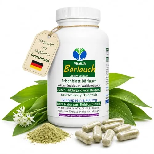 Bärlauch Wilder FRISCHBLATT BÄRLAUCH 120 Kapseln Waldknoblauch nach Hildegard von Bingen mit Alliin, Allicin & Chlorophyll. Geruchlos, ohne Aufstoßen. OHNE Zusatzstoffe. OHNE Füllstoffe. 26805-120