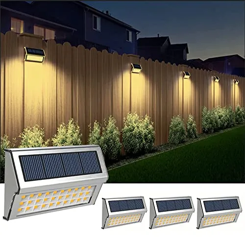 GVOREE Solarlampen für Außen, 4 Stück Warmweiß Edelstahl Wandleuchte 30LED Weißes Licht Dekorative Lichter für Garten Zaun Terrassen Weg
