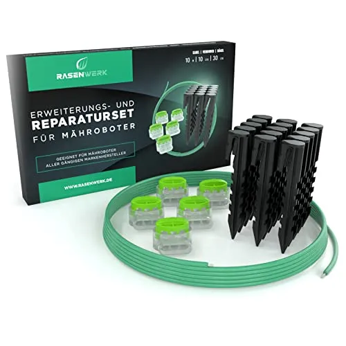 RASENWERK Begrenzungskabel Reparatur-Set für Mähroboter - 15 Erdnägel mit patentierter Form - 5 Verbindungsklemmen mit wasserdichter Gelfüllung - 5m Universal Begrenzungskabel für Rasenroboter