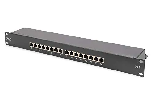 DIGITUS Patchpanel 19-Zoll Cat-6 16-Port RJ45 - Ethernet-Patchpanel mit 360° Schirmung für optimierte Leistung. Ideal für Rack-Montage und einfache Kabelinstallation dank farbcodierter LSA-Leisten.