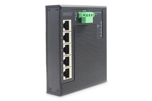 Digitus DN-651126 Industrial Ethernet Switch 5 Port - Netzwerk-Switches für raue Umgebungen, temperaturbeständig von -40°C bis 85°C, lüfterloses Design für Platzersparnis und Energieeffizienz.