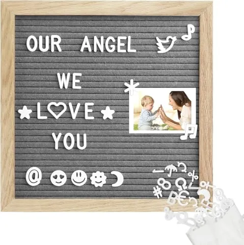 Grau Letter Board aus Eiche und Filz 25×25cm Quadratisch Buchstabentafel mit 350 Buchstaben Staffelei und Beutel Buchstaben Tafel Holz Buchstabenbrett Rillentafel Memotafel mit Metallhaken