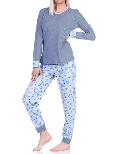 Normann Pyjama Damen Schlafanzug lang mit Bündchen und Spitze - auch in Übergrößen