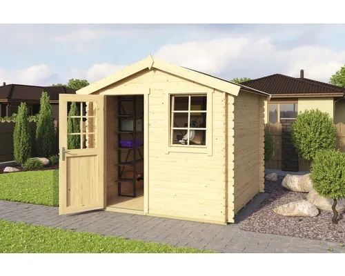 Gartenhaus Blockhaus Satteldach 28 mm Wels 2 - 250x250 cm - Robustes Blockhaus aus Holz mit 5,04 m² Nutzfläche, abschließbarer Einzeltür und Echtglasfenster – ideal für Gartenprojekte und Lagerung.