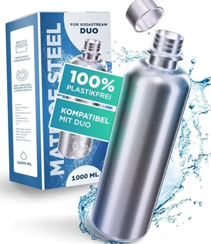 MATE OF STEEL® 1000ml Edelstahl Flasche - Zubehör für Wassersprudler: Bruch- und auslaufsichere, 100% plastikfreie Trinkflasche, die Getränke bis zu 24 Stunden kalt hält und spülmaschinenfest ist.