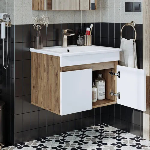 Roomart Badmöbel Set ATRIA 65 cm Unterschrank mit Waschbecken Spiegelschrank Hochschrank