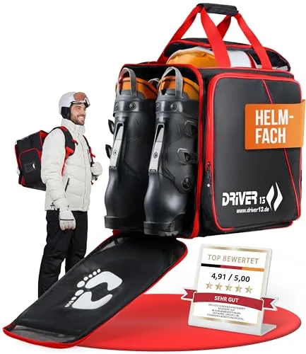 Driver13 Skistiefelrucksack mit Helmfach, Bootbag Rucksack für Skischuhe und Snowboardboots, Maße: 40 x 28 x 44 cm, schwarz/rot