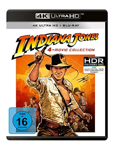 Indiana Jones - 4-Movie Collection (4K Ultra HD & Blu-ray) - Erleben Sie die Abenteuer von Indiana Jones in brillanter 4K Ultra HD-Qualität. Diese Sammlung enthält alle vier Filme plus einen Bonus-Blu-ray. Ideal für Filmfans!