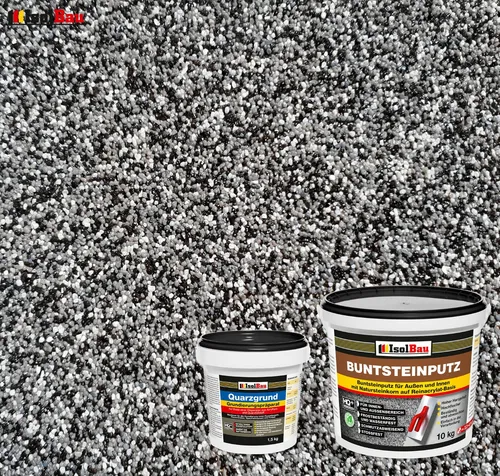Buntsteinputz SET Mosaikputz BP30 (schwarz, grau, weiß) 10kg + Quarzgrund 1,5kg - Mörtel, Putz, Zement & Gips – Flexibel, gebrauchsfertig und frostbeständig, ideal für Innen- und Außenbereiche mit hervorragender Deckkraft und Schimmelresistenz.