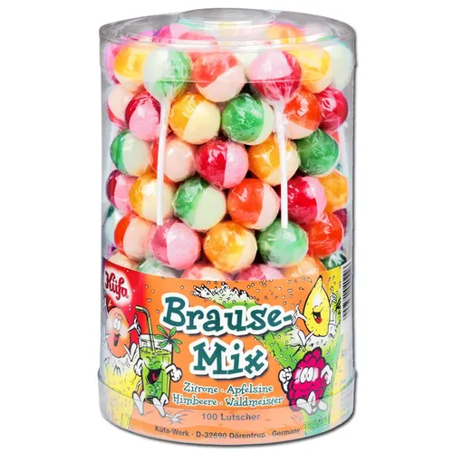 Küfa Brause Mix Lutscher, 100 Stück - Bunte Lutscher im Brause-Mix, ideal für Partys und Veranstaltungen. Süßigkeiten in praktischer Dose, die für Spaß und Genuss sorgen!