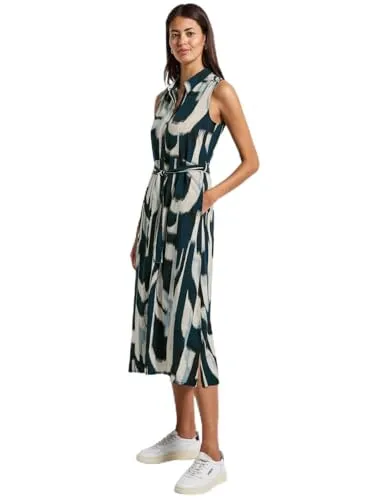 STREET ONE Damen 1408784 Ärmelloses Blusenkleid, Tide Blue, Größe 40 - Freizeitkleid mit grafischem Muster, Hemdkragen und praktischen Seitentaschen, ideal für lässige Anlässe und bequemes Tragen.