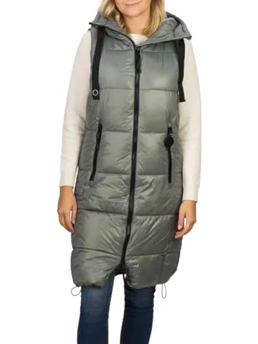 DENIMFY Steppweste Damen lang mit Kapuze - DFCaro Weste in Agave Green - Funktionsjacke mit windfestem Stehkragen, knielangem Schnitt und praktischen Reißverschlusstaschen. Ideal für die Übergangszeit, sorgt für Komfort und Stil in Herbst und Winter.