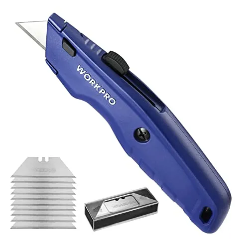 WORKPRO Premium Teppichmesser, Einziehbarer Universalmesser aus Vollmetall, Strapazierfähiger Cuttermesser mit Schnellwechselklinge, mit 10 zusätzlichen Klingen, Blau
