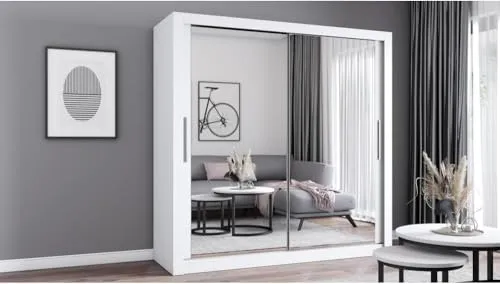 Schwebetürenschrank MILAN 203cm mit Spiegeln - Schwebetürenschrank in Weiß, 2 Spiegelfronten, platzsparendes Design ideal für Schlafzimmer oder Diele, bietet viel Stauraum mit 4 Kleiderstangen und Einlegeböden.