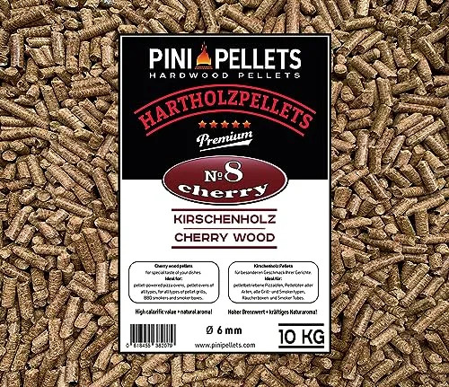 PINI Grillpellets № 8 Kirsche 10 kg - Grillpellets aus 100 % Kirschenholz für intensives Raucharoma, inklusive GRATIS Dosierschaufel. Ideal für alle Grill- und Smokertypen, besonders für Fleischgerichte.