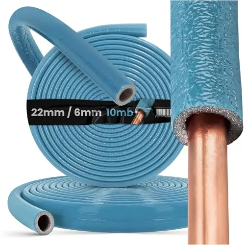 PE-Rohrisolierung Isolierschlauch 10 m Rolle x Ø 22 mm / 6 mm Isolierstärke Blau | Schutzschlauch Heizungsrohr Isolierung mit Schutzhaut | Rohr Dämmung Schlauch Rohrdämmung Warmwasserleitung Heizung