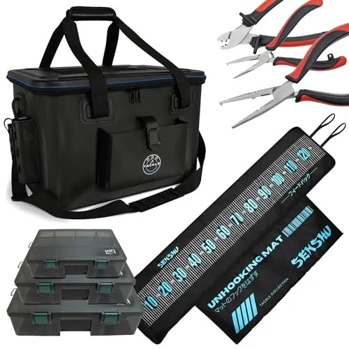Pro Tackle Eva Bag I Tackle Bakkan + Senshu Abhakmatte + 3 Zangen + Boxen Angeltasche - Stilvolle 50L Tasche für Angler, innovativ und funktional
