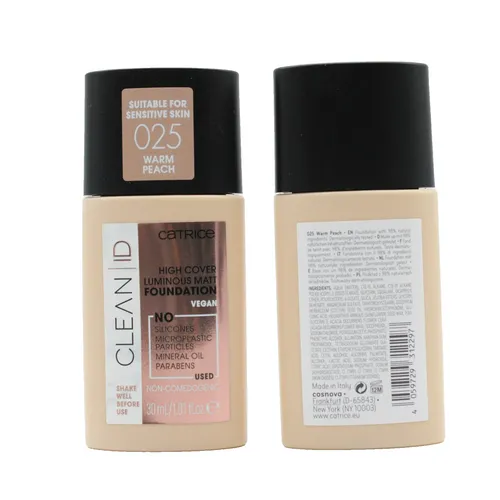 Produktbild 2x Catrice Clean ID High Cover Luminous Matt Foundation Vegan 025 Warm Peach