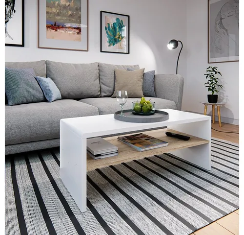 Vicco Couchtisch Weiß/Sonoma 99.6 x 39.8 cm - Konsolentisch fürs Wohnzimmer mit praktischem Stauraum, perfektes Design für Gemütlichkeit und Pflegeleichtigkeit dank Melaminharzbeschichtung.