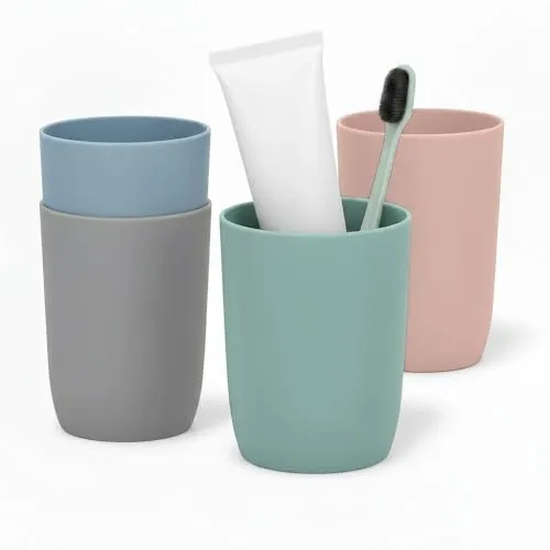 Topsky 4 Stück Zahnputzbecher Set, Trinkbecher Kunststoff für Erwachsene, Jugendliche und Kinder (280ml, Mehrfarbig)