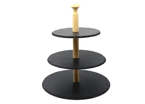 Kesper Etagere Schiefer 3-stöckig - Elegante 3-stöckige Etagere aus Schiefer und Bambus, perfekt zum stilvollen Servieren von Häppchen, Gebäck und Obst. Ideal für Partys und besondere Anlässe.