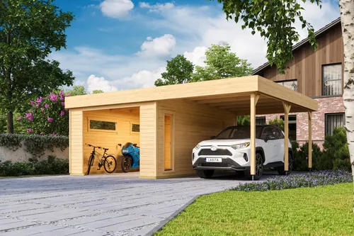 Lasita Garage Pultdach 44 mm Bahamas ohne Tor 680x560 cm - Gartenhaus aus robustem Holz mit 44 mm Wandstärke, abschließbar und ideal für die sichere Unterbringung von Fahrzeugen oder Werkzeugen.