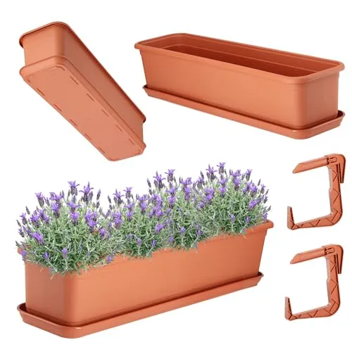 KADAX Blumenkasten 60 cm mit Untersatz und Halterung, Terracotta – Balkonkasten aus Kunststoff, Pflanzkasten für Innen- und Außenbereiche, Blumentopf für Balkon