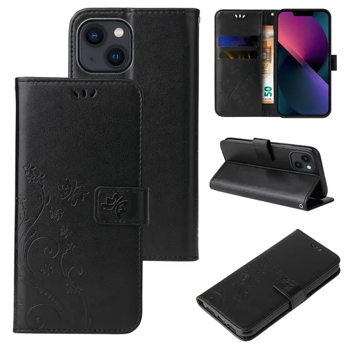 Handy Tasche für Apple iPhone 13 Handyhülle Blumen Buch Klapp Cover Case Schwarz