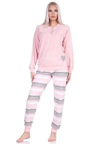 NORMANN-Wäschefabrik Wunderschöner Damen Frottee Langarm Pyjama mit Bündchen und Herzmotiv und gestreifter Hose, Farbe:rosa, Größe:36-38