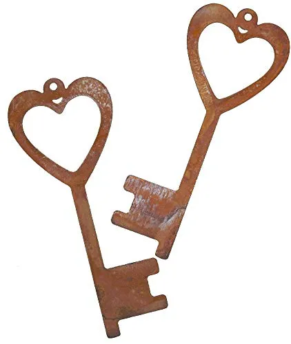 Rostikal Schlüssel Set 15x6 cm - inkl. 2 Herzen als Dekorative Metall Herz Anhänger im Edelrost Finish - Ideal für Gartenliebhaber & besondere Anlässe