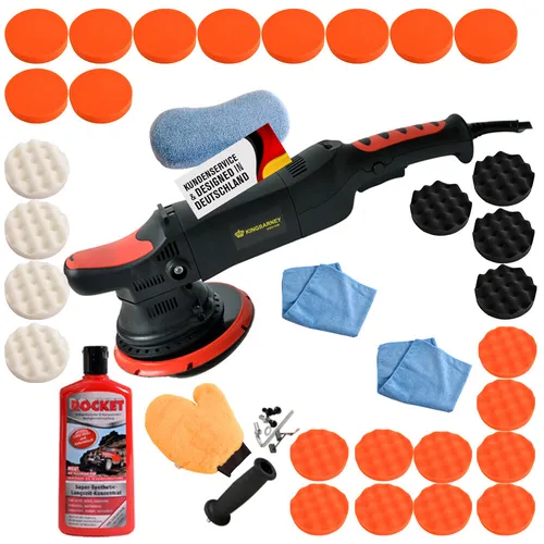 Duke-Handel Exzenter Poliermaschine 810W, 21mm Hub - Professionelle Poliermaschine für Rechts- und Linkshänder mit variabler Geschwindigkeits-Einstellung von 1650 - 4800 U/min. Ideal für alle Lacktypen, inklusive 38-tlg. Zubehörset im praktischen Koffer.