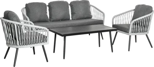 Outsunny Polyrattan Gartenmöbel-Set, Grau - 4-teiliges, wetterfestes Rattanmöbel-Set mit 1 Dreisitzer-Sofa, 2 Einzelsofas und Couchtisch. Ideal für Garten und Terrasse, inklusive bequemer Kissen für höchsten Sitzkomfort.