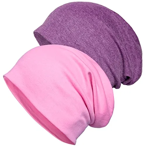 Senker 2er Pack Baumwolle Slouchy Beanie Hüte, Chemo-Kopfbedeckung Mützen für Damen und Herren, pink / violett, L