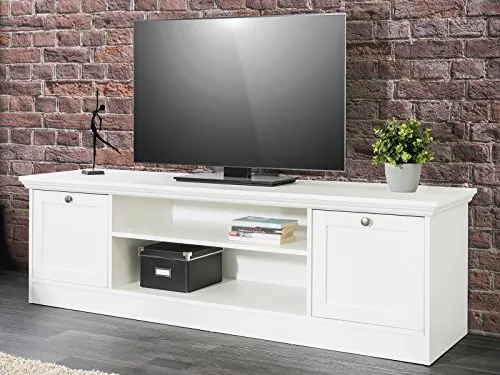 möbelando TV-Lowboard Landsted II - Romantisches HiFi Element - TV-Bänke & Lowboards mit 2 Türen und 2 offenen Fächern, ideal für Ordnung und Dekoration. Leicht und robust aus Spanplatte, bringt romantischen Landhausstil in Ihr Zuhause.
