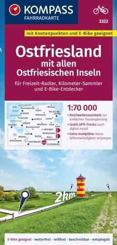 KOMPASS Fahrradkarte 3322 Ostfriesland mit allen Ostfriesischen Inseln mit Knotenpunkten 1:70.000: reiß- und wetterfest mit Extra Stadtplänen