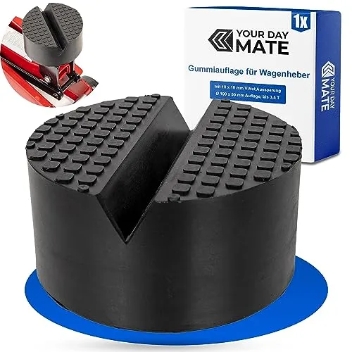 Gummiauflage Wagenheber, 1 Stück, Ø 100 x 50 mm Auflage, mit 18 x 18 mm V-Nut Aussparung, für KFZ bis 3,5 T, Wagen Heber Unterlage, Auflage Rangierwagenheber, Gummi Jack Pad, Karosserie Adapter Bühne