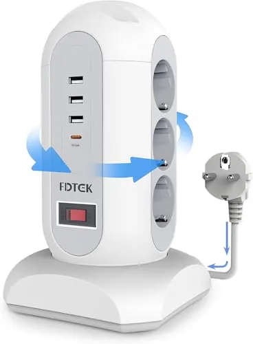 FDTEK 9 Fach Mehrfachsteckdose mit 3 USB-A und 1 USB-C Steckdosenleiste mit Zurückziehbar Kabel 1,8M Steckdosenturm Überspannungsschutz Steckdose Mehrfachstecker mit 2 Handyhalterung für Zuhause