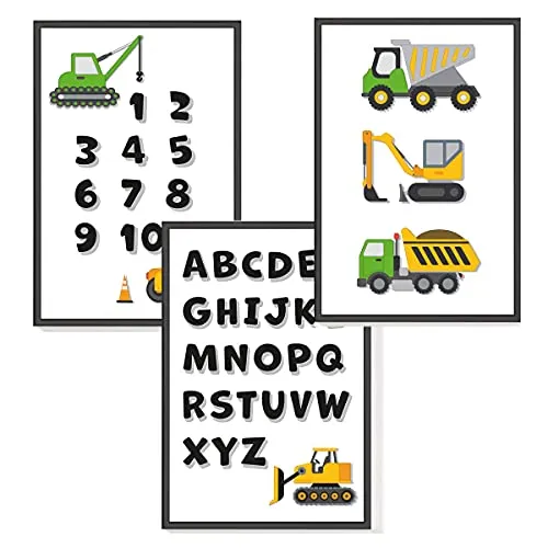 Himmelzucker Premium Wandbilder 3er set für Kinderzimmer Babyzimmer Poster DIN A4 Kinder Kinderposter Junge Mädchen Bilder Autos Baustellenfahrzeuge - (A4 ohne Rahmen) (Baustellenfahrzeuge & ABC)
