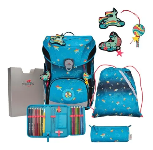 DerDieDas ErgoFlex Easy Exklusiv LED Schulranzenset 5-teilig Rainbow Star - Schulranzen mit ergonomischem Design, gepolstert für optimalen Komfort und ideal für Schulanfänger. Inklusive praktischer Set-Teile für ein unvergessliches Grundschuljahr.