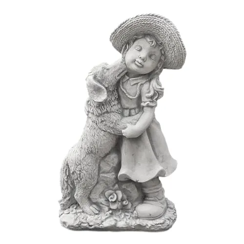 Gartenfigur Mädchen mit Hund in grau von gartendekoparadies