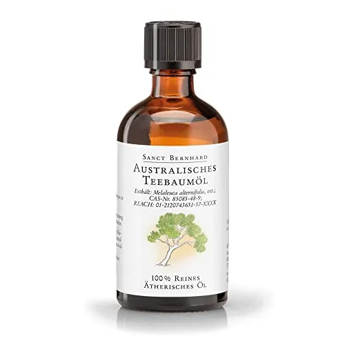 Sanct Bernhard Australisches Teebaumöl 100 ml - 100% rein - Ätherisches Öl mit mind. 30% Terpinen-4-ol für vielseitige Anwendungen, ideal zum Verdampfen und in einem praktischen 100-ml-Glasfläschchen.