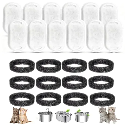 Katzenbrunnen Filter 24 Stück Ersatzfilter Für Trinkbrunnen für 2L/3.2L/4L Edelstahl Trinkbrunnen Für Katzen Und Hunde 12Stück Kohlefilter 12Stück Schaumfilter Ersatzfilter für Katzenbrunnen (A)