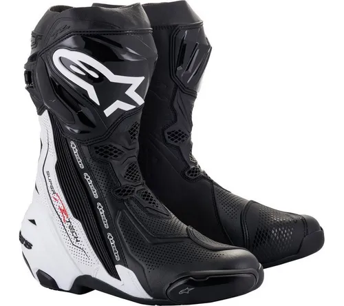 Alpinestars Supertech R Vented Motorradstiefel (Black/White, 45) - Motorradschutzstiefel für Herren, mit innovativem TPU-Stretch-Panel-Design für optimalen Komfort und Sicherheit bei Top-Rennen.