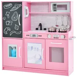 COSTWAY Kinderküche mit 10 Spielzubehör, Spielküche Kinder mit Tafel, Spielzeugküche mit Mikrowelle Eismaschine & Geschirrspüler & Backofen (R...