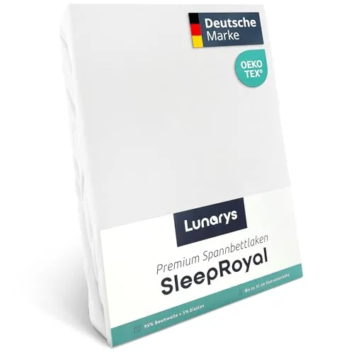 Lunarys® SleepRoyal Luxus Spannbettlaken 180x200cm - Weiß - Premium Spannbettlaken aus 250 g/m² Jersey für hohe Matratzen bis 40 cm, temperaturregulierend und ideal für höchsten Liegekomfort – perfekt für Boxspringbetten und Wasserbetten.